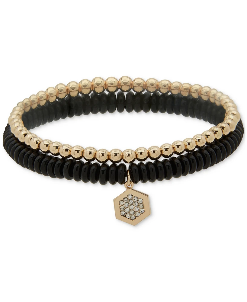 Dkny Gold-Tone 2-Pc. Set Pave Hexagon Charm Beaded Stretch Bracelets