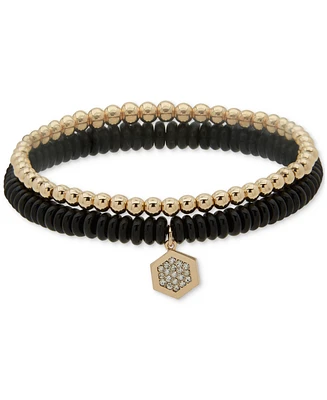 Dkny Gold-Tone 2-Pc. Set Pave Hexagon Charm Beaded Stretch Bracelets