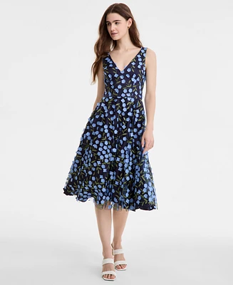 Eliza J Women's Floral-Print Mesh V-Neck Midi Dress