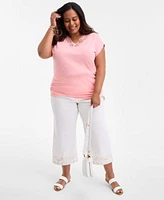 Style Co Plus Size Lace Trim V Neck Short Sleeve T Shirt High Rise Wide Leg Crop Jeans Exclusively At Macys