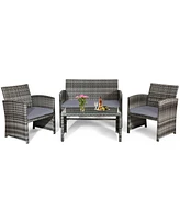 4PCS Patio Rattan Furniture Set Conversation Glass Table Top