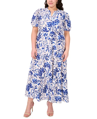 Msk Plus Puff-Sleeve Button-Front Lawn Maxi Dress
