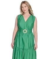 Vince Camuto Plus Cotton Belted Tiered Sleeveless Midi Dress