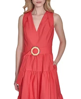 Vince Camuto Petite Cotton Belted Sleeveless Tiered Midi Dress