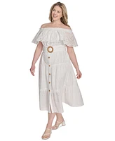 Eliza J Plus Eyelet Off-The-Shoulder Belted Midi Dress