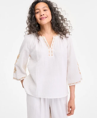 Style & Co Petite Cotton Embroidered Flare-Sleeve Top, Exclusively at Macy's