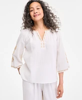 Style & Co Petite Cotton Embroidered Flare-Sleeve Top, Exclusively at Macy's