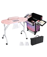 Byootique Manicure Table Nail Desk & Rolling Makeup Train Case Kit Mermaid Pink