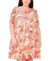 Msk Plus Printed Tie-Neck Short-Sleeve Dress