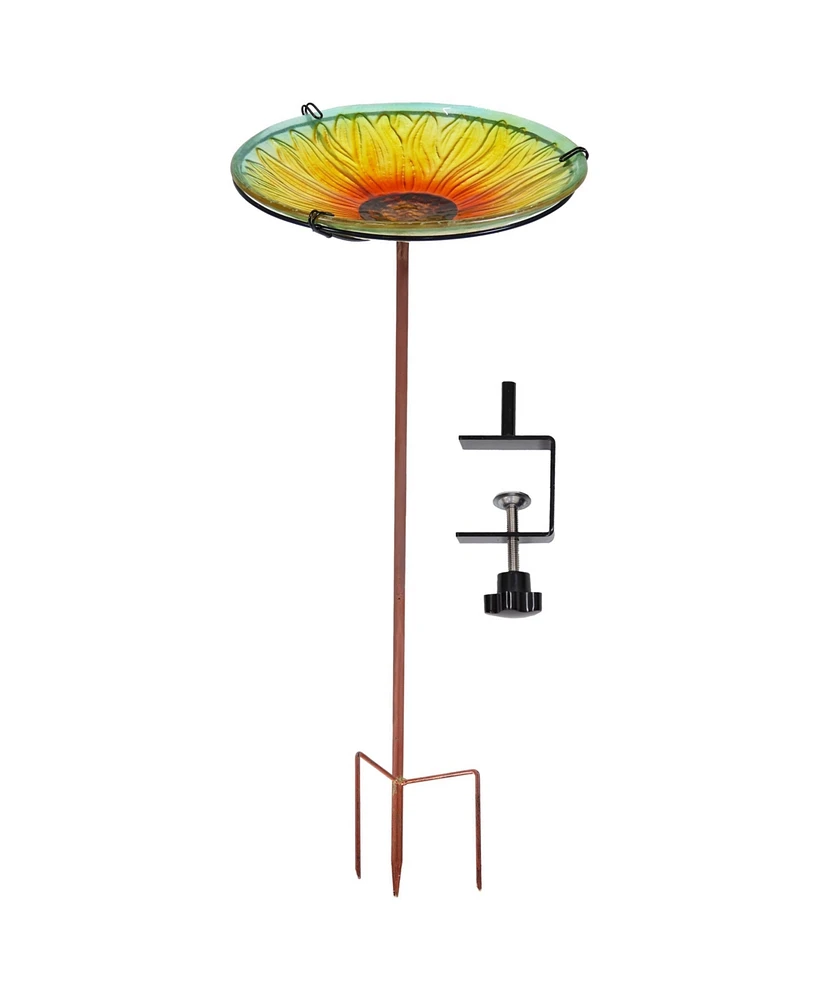 Glass Bird Bath Bowl - 10.5” Diameter Includes Deck Clamp and Staked Stand Blooming Sunflower