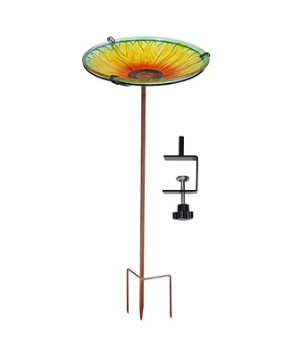 Glass Bird Bath Bowl - 10.5” Diameter Includes Deck Clamp and Staked Stand Blooming Sunflower
