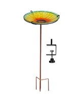 Glass Bird Bath Bowl - 10.5” Diameter Includes Deck Clamp and Staked Stand Blooming Sunflower