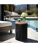 LuxenHome Black with Natural Rattan Finish Cement U-Shaped Base Outdoor Patio Side Table