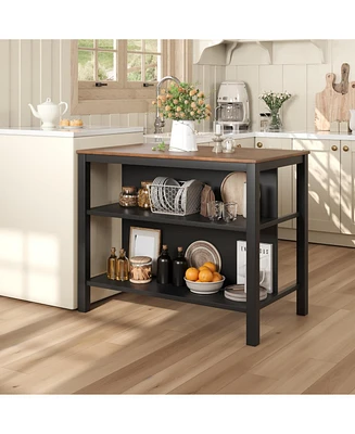Rustic Stationary Kitchen Island with Butcher Block, 45", Open Shelves