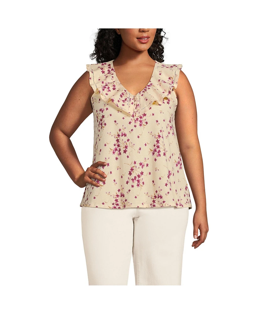 Lands' End Plus V Neck Cascade Ruffle Top