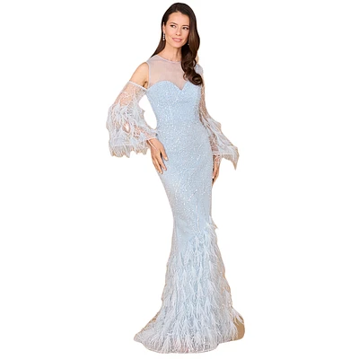 Lara Women's Cold Shoulder Mermaid Lace Gown with Feathers - Outlet