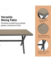 59 Inch Rectangular Outdoor Dining Table Imitation Wood Grain Aluminium Frame Patio Table, Black