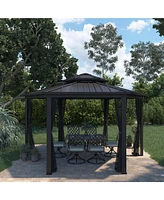 15x15Ft Outdoor Hexagon Hard Top Metal Gazebo Patio Double Roof Canopy Aluminum Frame Gazebo with Nettings