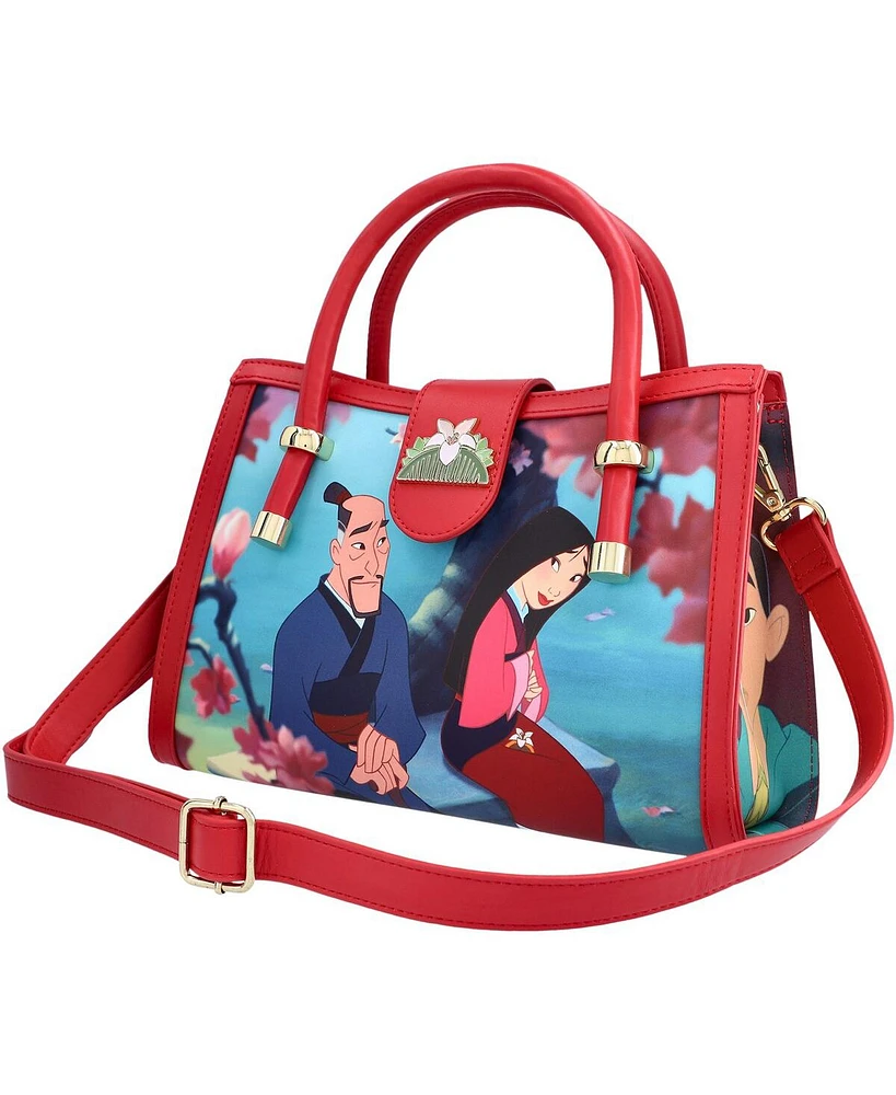 Loungefly Women's Red Mulan Lotus Flower Frame with Buckle Closure Crossbody Bag