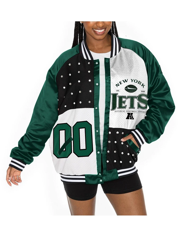 Gameday Couture Women's Green/White New York Jets Oversized Hot Shot Rhinestone Throwback Full-Snap Varsity Bomber Jacket