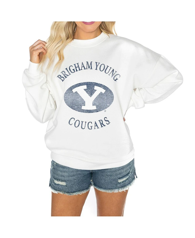 Gameday Couture Women's White Byu Cougars Good Vibes Premium Fleece Drop Shoulder Pullover Sweatshirt
