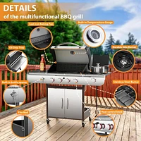 Cowsar Bbq Gas Propane Grill 4 Burner Cast Iron Flat Grill Griddle Combo with Side Burner Stainless Steel 42000 Btu for Outdoor Cooking Backyard Barbe