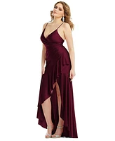 Cynthia & Sahar Women's Pleated Wrap Ruffled High Low Stretch Satin Gown with Slight Train