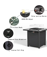 Propane Fire Pit Table, Rattan, 50000 Btu, Tempered Glass, Glass Windscreen