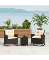 Gymax 3 Piece Outdoor Rocking Set Rattan Rocking Chair Set w/ Tempered Glass Table Seat