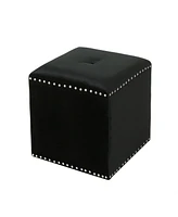 Velvet Upholstered Square Ottoman with Tufted Top and Studded Trim for Living Room or Bedroom Seating-The Pop Home