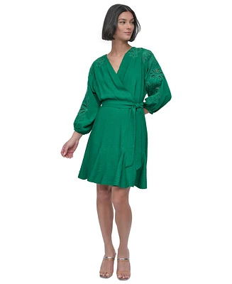 Dkny Petite Faux-Wrap Embroidered-Sleeve Fit & Flare Dress