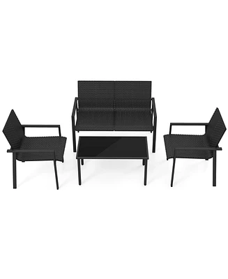 Gymax 4 Piece Patio Wicker Furniture Set Heavy Duty Galvanized Metal Frame w/Table