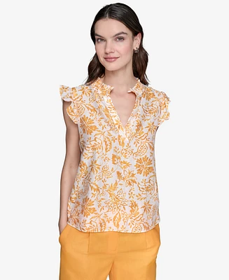 Karl Lagerfeld Paris Women's Printed Split-Neck Flutter-Sleeve Blouse