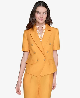 Karl Lagerfeld Paris Women's Linen-Blend Short-Sleeve Double-Breasted Jacket