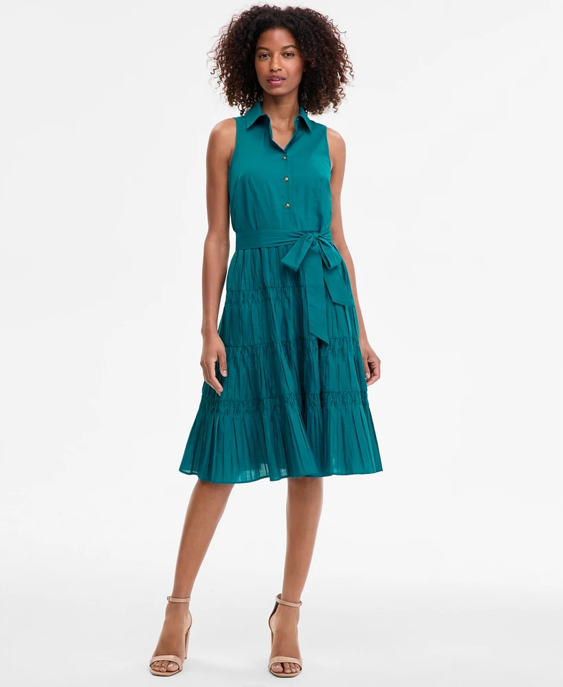 Anne Klein Women's Sleeveless Pintuck Tie-Waist Midi Dress