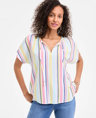 Style & Co Women's Cotton Striped Tie-Neck Dolman-Sleeve Top, Exclusively at Macy's