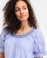 Style & Co Women's Cotton Contrast-Stitch Puff-Sleeve Top, Exclusively at Macy's