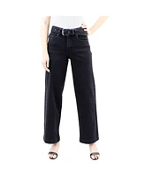 Indigo Poppy Women's Two Botton Tummy Control Wide Leg Black Jeans with Belt