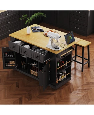 53" Kitchen Island with Storage, Power Outlet, Bar Stools