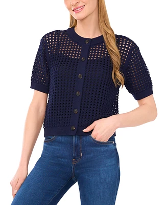 CeCe Women's Texture Mesh Short-Sleeve Cardigan