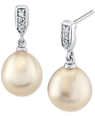 Cultured Freshwater Pearl (9mm) & Diamond Accent Drop Earrings in 14k White Gold