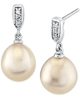 Cultured Freshwater Pearl (9mm) & Diamond Accent Drop Earrings in 14k White Gold