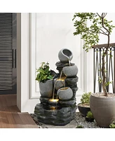 LuxenHome 3-Tier Gray Pots on Stacked Rocks 2.5-Feet Tall Outdoor Polyresin Fountain with Lights and Gray Side Planter