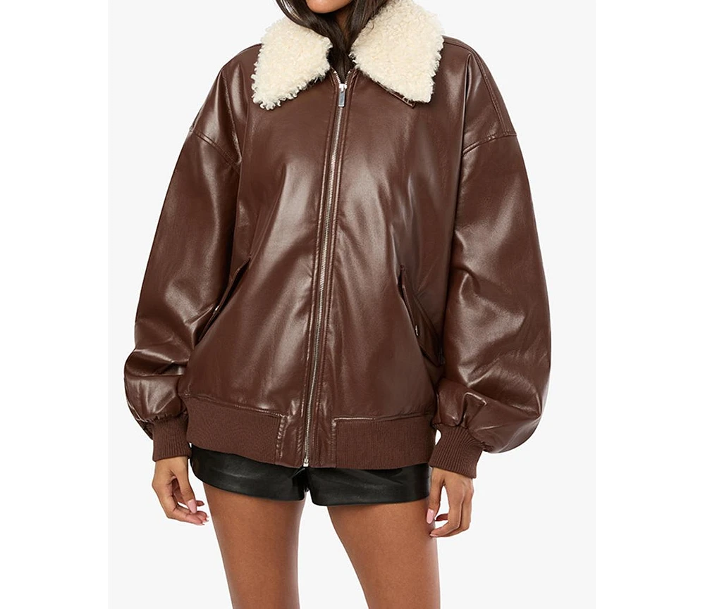 WeWoreWhat Women's Faux Sherpa Collar Bomber Jacket
