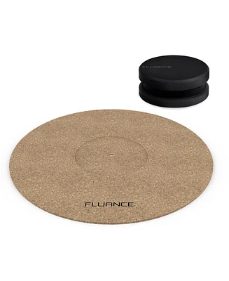 Fluance Cork Platter Mat and HiFi Vinyl Record Weight 760 gram Steel Lp Disc Stabilizer Turntable Accessory with Rubberized Coating and Protective Vel