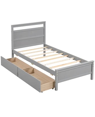 Twin Wooden Bed Frame with 2 Drawers for Teens and Adults