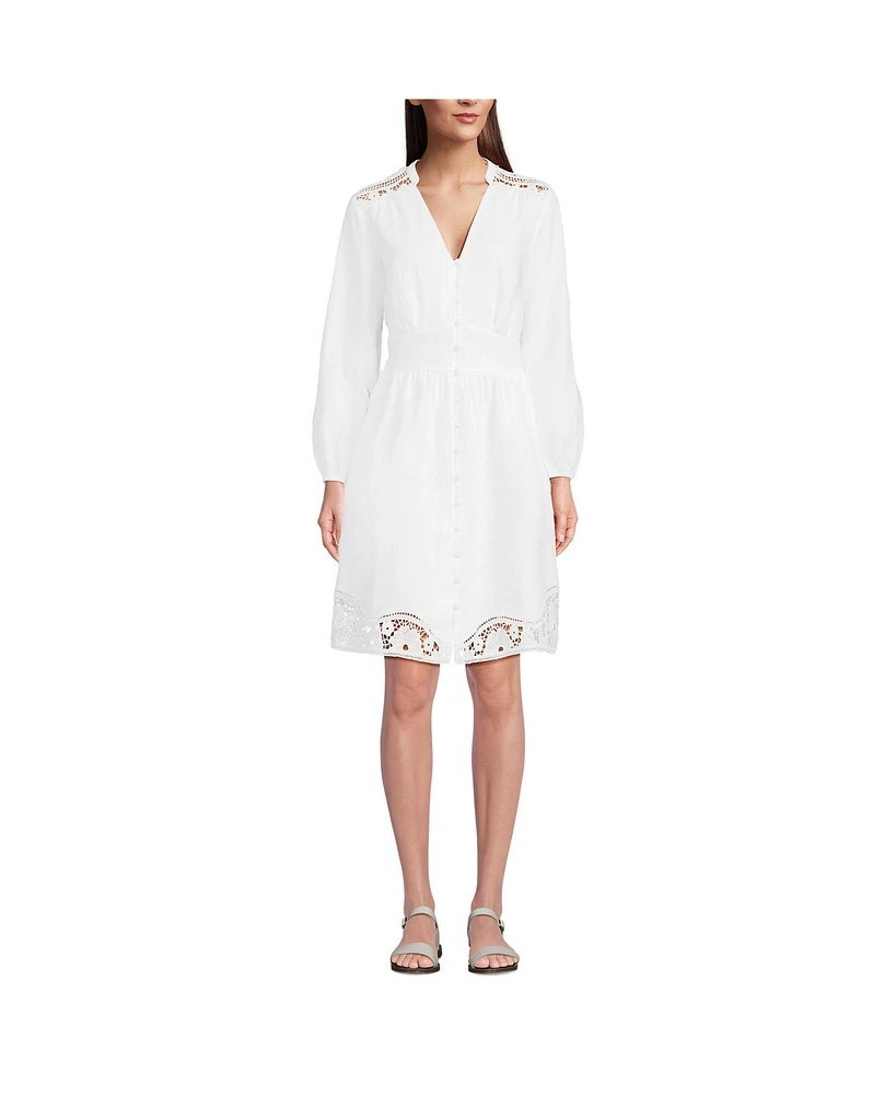 Lands' End Women's Long Sleeve Romantic Linen Above the Knee Shirt Dress