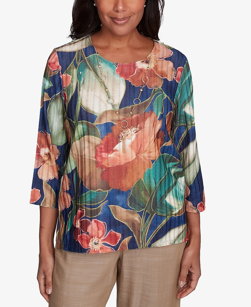 Alfred Dunner Women's Summer Solstice Dramatic Floral Crew Neck Top