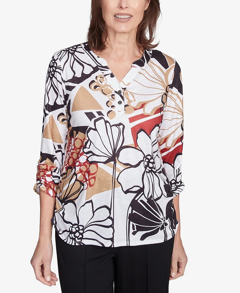 Alfred Dunner Women's Natural Instinct Bold Floral Illustrated Henley Mandarin Collar Top