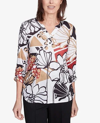 Alfred Dunner Women's Natural Instinct Bold Floral Illustrated Henley Mandarin Collar Top